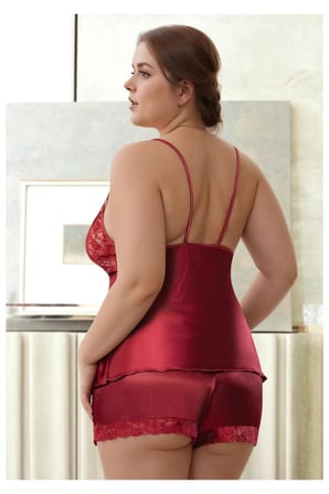 Kadın Büyük Beden Bordo Saten Şortlu Pijama Takımı Sırtı Dantelli