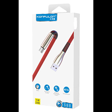 Konfulon S88 Metal Uçlu Micro USB Kablo 1M 2.4A - Kırmızı