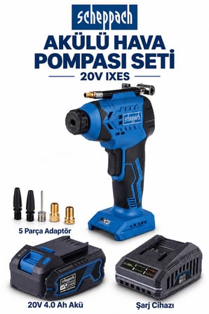 Scheppach C-AC20-X 20V Akülü Hava Pompası Seti – 4.0 Ah Akü, Şarj Cihazı ve Adaptörler