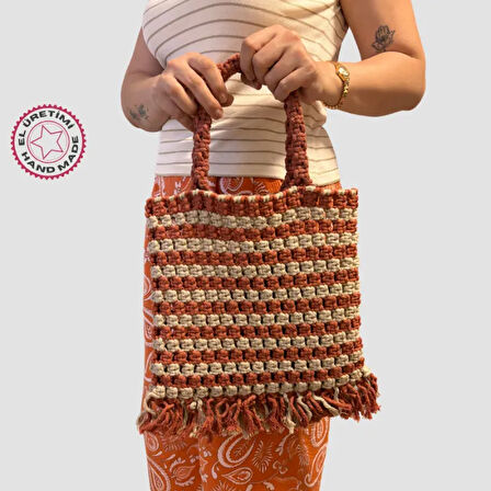 Uretti - Sevgi 6598 - El Yapımı Püsküllü Model Makrome Çanta 28cm - Bordo