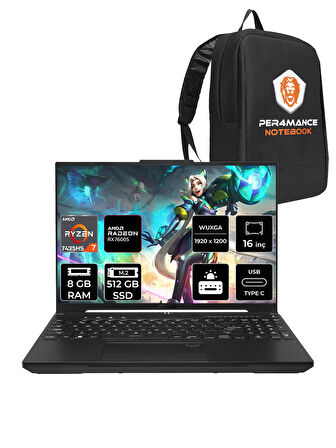 ASUS TUF Gaming A16 R7 7435HS 8GB 512GB SSD RX7600S/8GB 95W 165Hz 16" WUXGA FDOS N3056 & PER4 ÇANTA