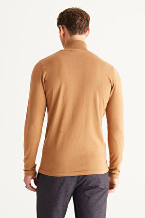 Erkek Vizon Standart Fit Normal Kesim Tam Balıkçı Yaka Triko Kazak