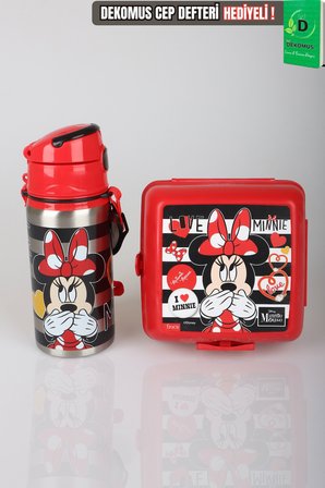 x Dekomus Lisanslı Minnie Mouse 500 ML Çelik Matara ve Beslenme Kabı Seti