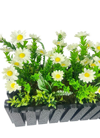 Yapay Çiçek Beyaz Kır Papatyası Siyah Çit Saksıda Küpeşte Askılı Balkon Çiçeği Çiçek Sepeti