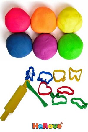 6 Adet Oyun Hamuru + Oyun Hamuru İçin Merdane Ve Kalıp Seti Play Dough