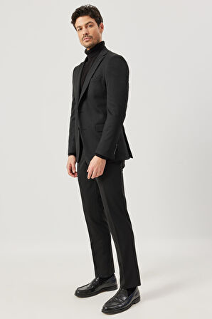 Erkek Siyah Slim Fit Dar Kesim Mono Yaka Siyah Takım Elbise