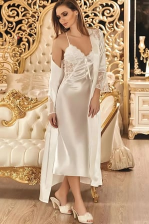 Kadın Ekru Gecelik&Sabahlık&Şortlu Takım&Pijama Takımı 6'lı Saten Gelin Çeyizlik Set N7K0.3RK.T.K.S