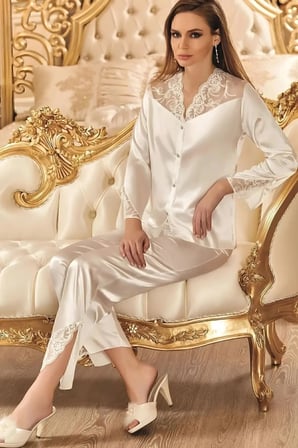Kadın Ekru Gecelik&Sabahlık&Şortlu Takım&Pijama Takımı 6'lı Saten Gelin Çeyizlik Set N7K0.3RK.T.K.S