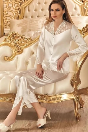 Kadın Ekru Gecelik&Sabahlık&Şortlu Takım&Pijama Takımı 6'lı Saten Gelin Çeyizlik Set N7K0.3RK.T.K.S