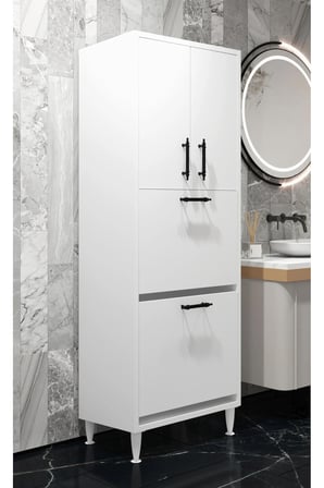 Nergiz Çift Bölmeli Çamaşır Sepetli Çok Amaçlı Banyo Dolabı Beyaz Düzenleyici Dolap