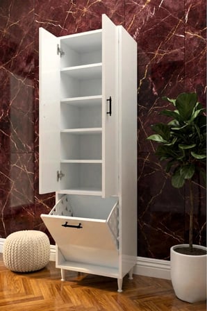 Karanfil 2 Kapaklı Çamaşır Sepetli Çok Amaçlı Dolap Banyo Dolabı Kirli Çamaşır Dolabı