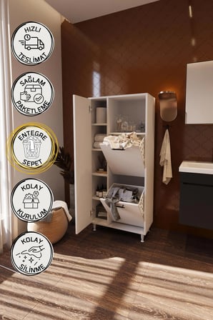 Menekşe 2'li Çamaşır Sepetli Çok Amaçlı Banyo Dolabı Kapaklı Düzenleyici Dolap