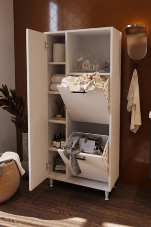 Menekşe 2'li Çamaşır Sepetli Çok Amaçlı Banyo Dolabı Kapaklı Düzenleyici Dolap