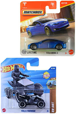2 Araç Tesla Set - Hot Wheels Tesla Cyberquad & Matchbox Tesla Model S (1/64)