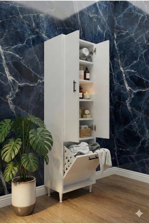 Kapadokya 2 Kapaklı Çok Amaçlı Dolap Kirli Çamaşır Sepetli Banyo Çamaşır Dolabı