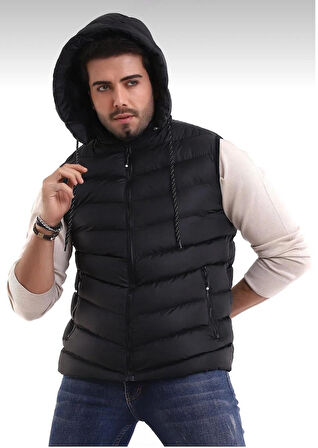 Erkek Siyah Çıkabilir Fermuarlı Kapüşon Günlük Spor Şişme Yelek