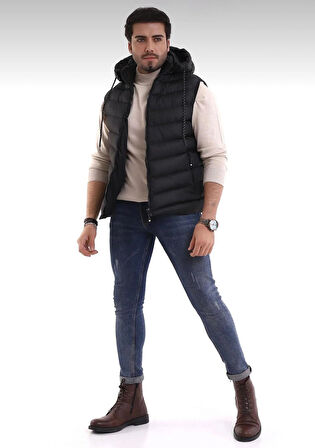 Erkek Siyah Çıkabilir Fermuarlı Kapüşon Günlük Spor Şişme Yelek
