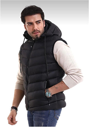 Erkek Siyah Çıkabilir Fermuarlı Kapüşon Günlük Spor Şişme Yelek