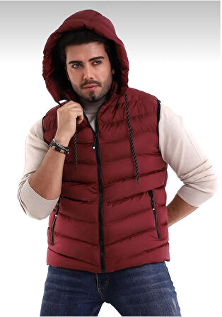 Erkek Bordo Çıkabilir Fermuarlı Kapüşon Günlük Spor Şişme Yelek