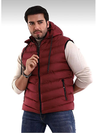 Erkek Bordo Çıkabilir Fermuarlı Kapüşon Günlük Spor Şişme Yelek