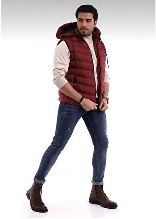 Erkek Bordo Çıkabilir Fermuarlı Kapüşon Günlük Spor Şişme Yelek