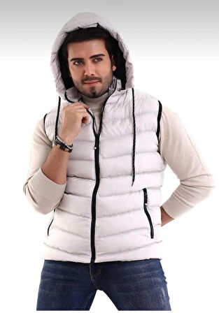 Erkek Taş Renk Çıkabilir Fermuarlı Kapüşon Günlük Spor Şişme Yelek