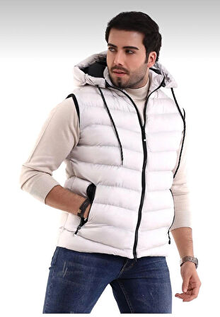 Erkek Taş Renk Çıkabilir Fermuarlı Kapüşon Günlük Spor Şişme Yelek