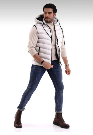 Erkek Taş Renk Çıkabilir Fermuarlı Kapüşon Günlük Spor Şişme Yelek