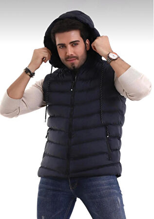 Erkek Lacivert Çıkabilir Fermuarlı Kapüşon Günlük Spor Şişme Yelek