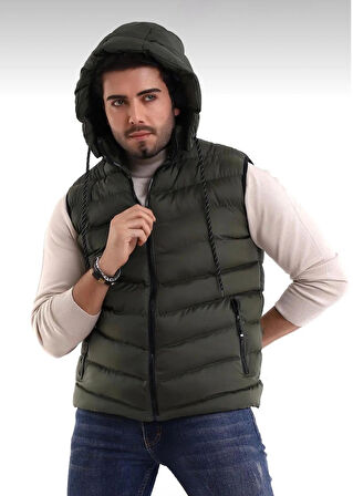 Erkek Haki Çıkabilir Fermuarlı Kapüşon Günlük Spor Şişme Yelek
