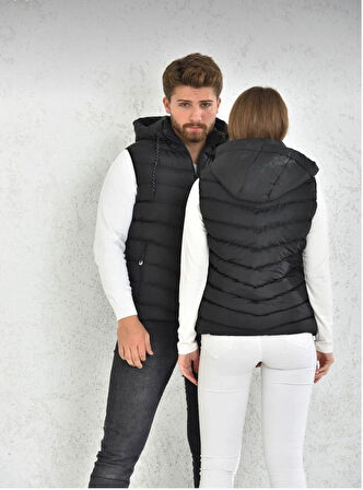 Kadın Siyah Çıkarılabilir Fermuarlı Kapüşon Günlük Şişme Yelek