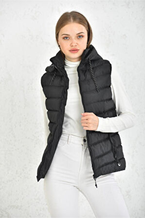 Kadın Siyah Çıkarılabilir Fermuarlı Kapüşon Günlük Şişme Yelek