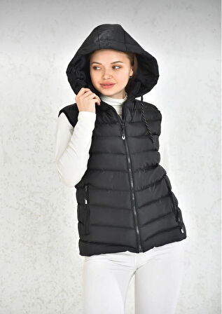 Kadın Siyah Çıkarılabilir Fermuarlı Kapüşon Günlük Şişme Yelek