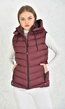 Kadın Bordo Çıkarılabilir Fermuarlı Kapüşon Günlük Şişme Yelek