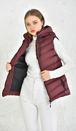 Kadın Bordo Çıkarılabilir Fermuarlı Kapüşon Günlük Şişme Yelek