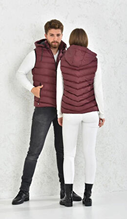 Kadın Bordo Çıkarılabilir Fermuarlı Kapüşon Günlük Şişme Yelek