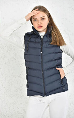 Kadın Lacivert Çıkarılabilir Fermuarlı Kapüşon Günlük Şişme Yelek