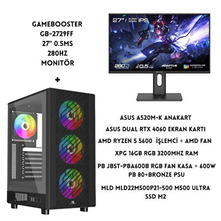 LYSERG PB A600B RGB Kasa Amd Ryzen 5 5600 16 GB Ram 500 GB SSD Asus Dual RTX 4060 W11 + 27" Monitör