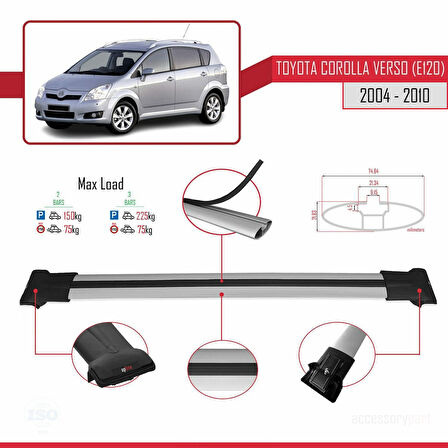 Toyota Corolla Verso 2 (AR10) 2004-2010 Arası ile Uyumlu FLY Model Ara Atkı Tavan Barı Gri 2 Adet