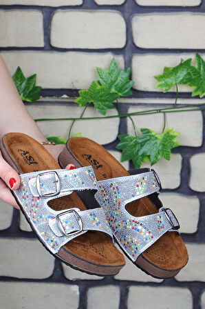 Vojo Mirror Ortopedik Taşlı Çift Tokalı Plaj Kadın Terlik