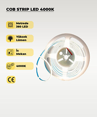 12V COB Şerit Led Günışığı Işık  - Metrede 360 Led - 5 Metre