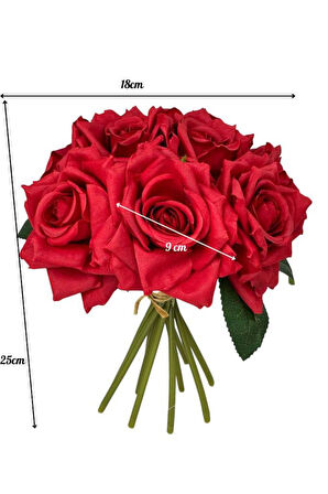 Yapay Çiçek Kırmızı Gül 10lu Demet Gelin Çiçeği Buketi Masa Üstü Vazo Çiçeği 25cm