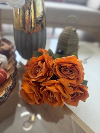 Yapay Çiçek 7li Gül Demeti 40*30cm 1.Kalite Büyükboy SOMON TURUNCU