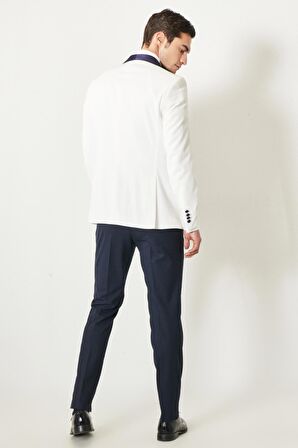 Erkek Beyaz-lacivert Slim Fit Dar Kesim Mono Yaka Desenli Klasik Smokin Takım
