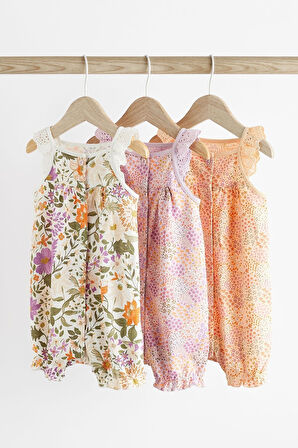 Next Baby % 100 Pamuklu Krem Çiçek Desenli Askılı 3’lü Romper Set