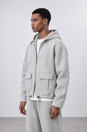 Erkek Cep Detaylı Panda Oversize Zip Gri Melanj