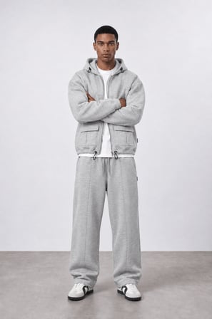 Erkek Cep Detaylı Panda Oversize Zip Gri Melanj
