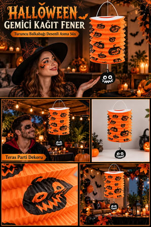 Halloween Cadılar Bayramı Gemici Kağıt Feneri Turuncu Balkabağı Baskılı Asma Parti ve Tavan Süsü