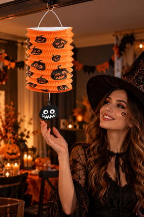 Halloween Cadılar Bayramı Gemici Kağıt Feneri Turuncu Balkabağı Baskılı Asma Parti ve Tavan Süsü