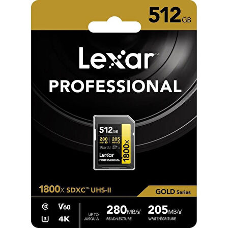 Lexar Professional 512GB 1800X 280MB/s 4K V60 SD Hafıza Kartı